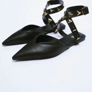 Zara Black Pointy Studed Flats Size 7.5